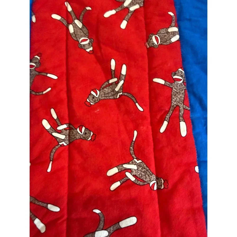 Large Handmade Sock Monkey Patchwork Quilt Blue Red Banana Theme Throw Blanket